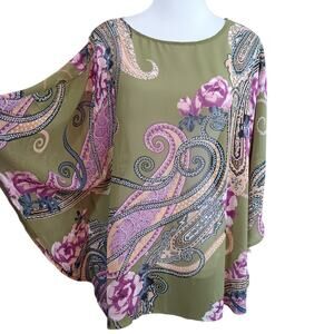 BOB MACKIE Kimono‎ Artsy Floral Large Sheer Poncho Roses Paisley Dressy Green